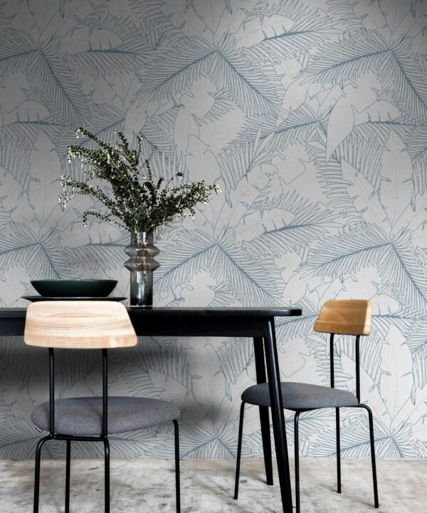 Art Deco Palm Wallpaper • Tropical Wallpaper • Powder Blue Reverse • Insitu