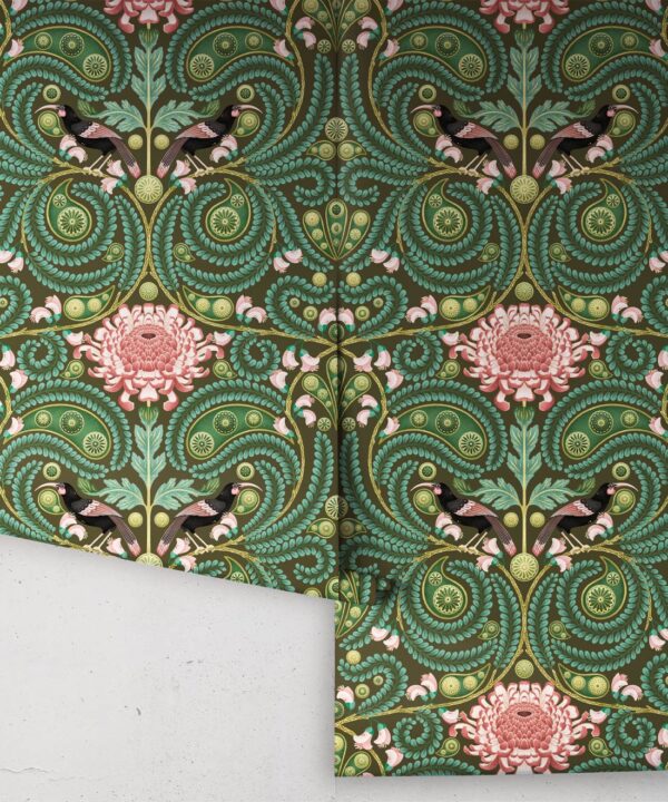 Huai & Chrysanthemums Wallpaper • Khaki Green • Rolls