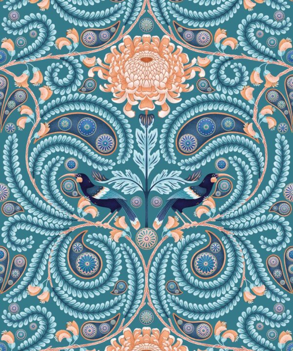 Huai & Chrysanthemums Wallpaper • Teal • Swatch