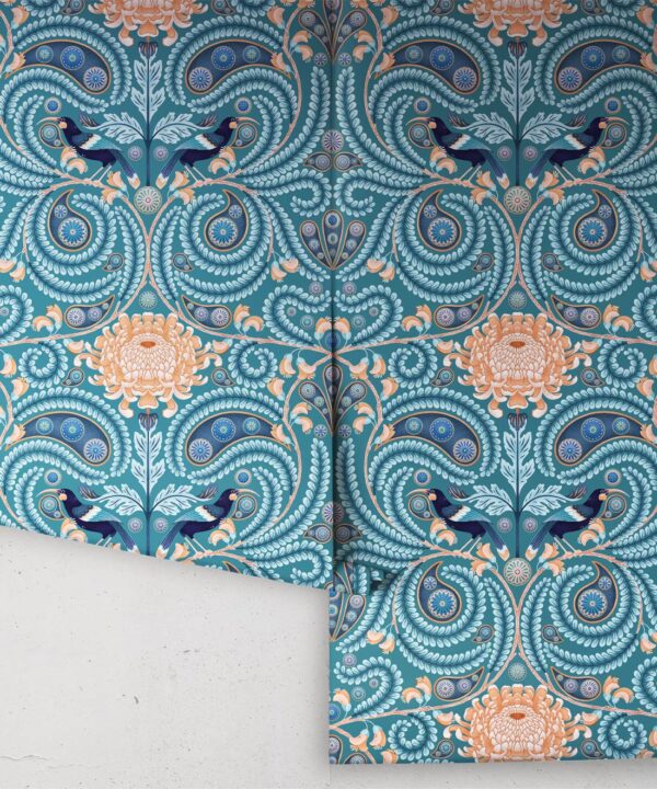 Huai & Chrysanthemums Wallpaper • Teal • Rolls