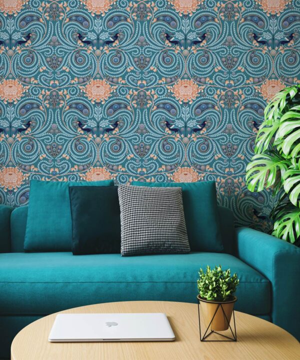 Huai & Chrysanthemums Wallpaper • Teal • Insitu