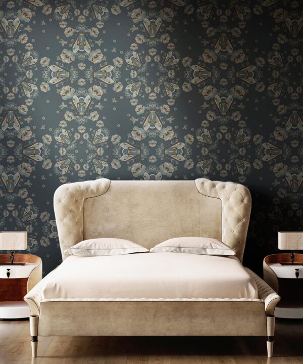 Bees Lace Wallpaper • Navy • Insitu