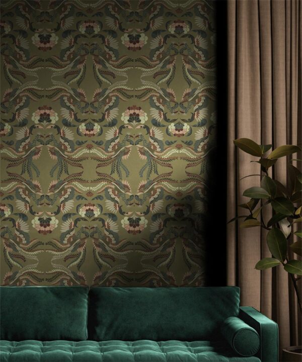 Prancing Peacocks Wallpaper • Antique • Insitu