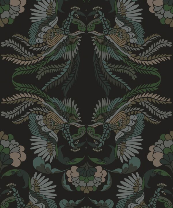 Prancing Peacocks Wallpaper • Midnight • Swatch