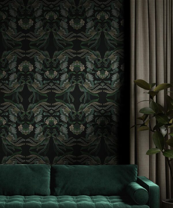 Prancing Peacocks Wallpaper • Midnight • Insitu