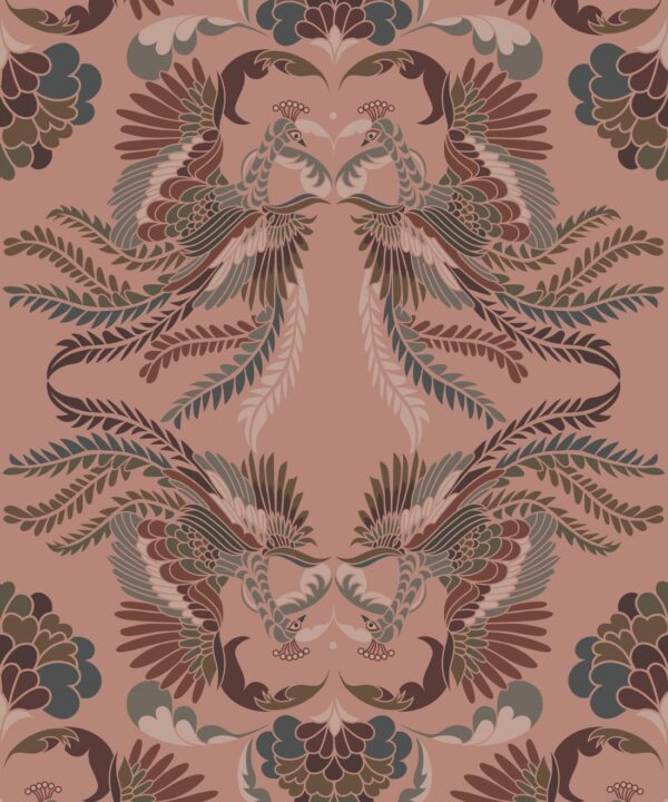 Prancing Peacocks Wallpaper • Salmon • Swatch