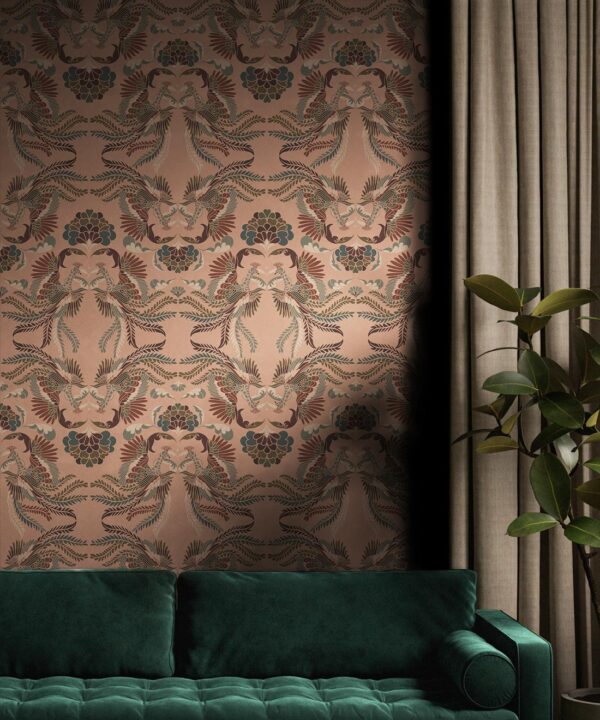 Prancing Peacocks Wallpaper • Salmon • Insitu