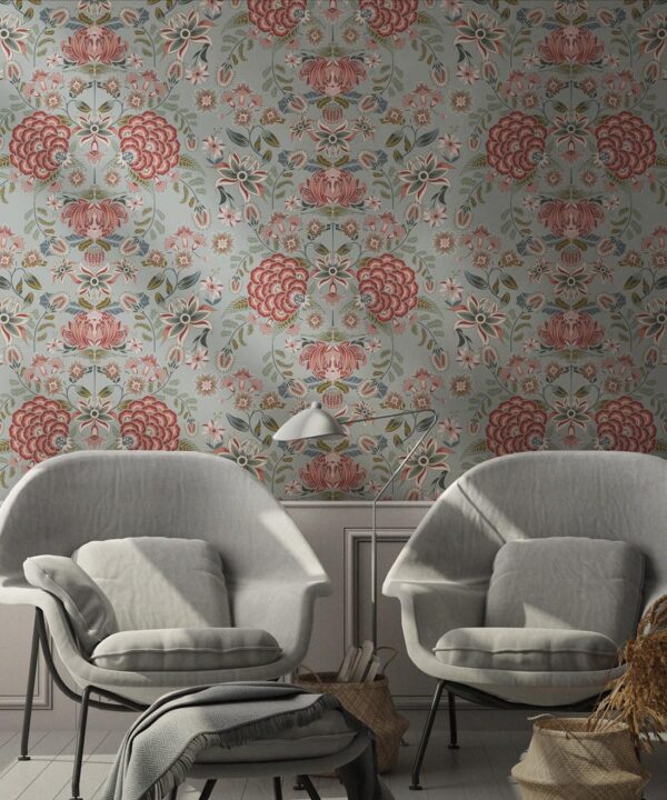 Waratah Wonderland Wallpaper • Duck Egg • Insitu