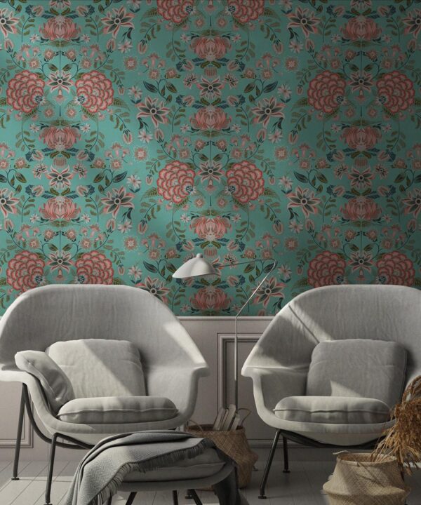 Waratah Wonderland Wallpaper •Teal • Insitu