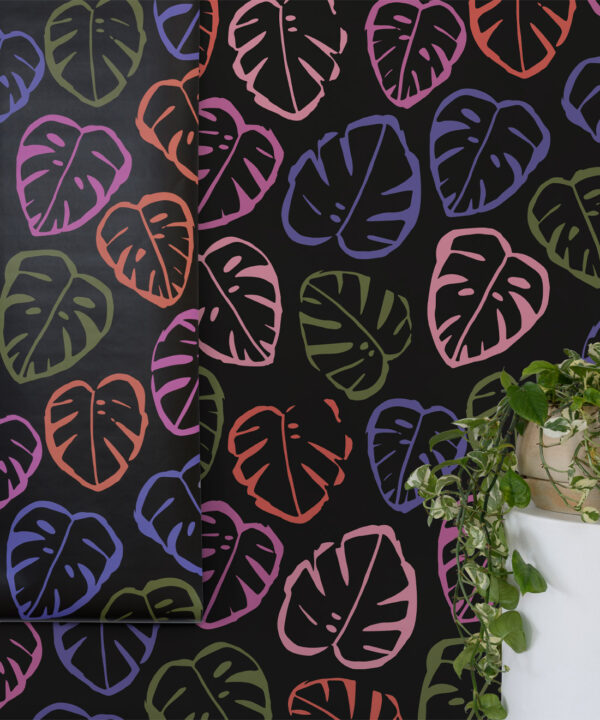 Neon Monstera Love Wallpaper • Black • Insitu