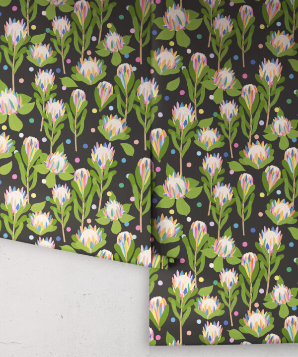 Protea Party Wallpaper • Fruity Black • Rolls