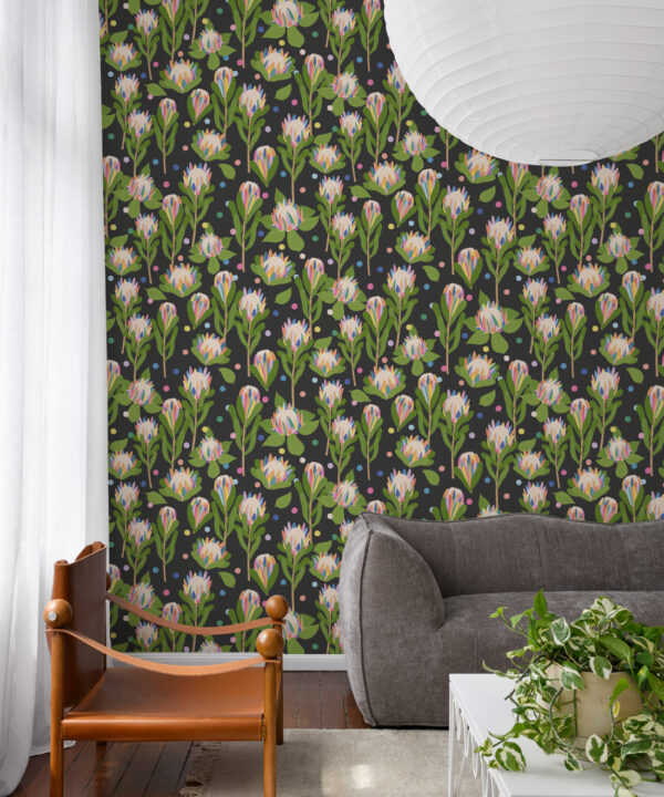 Protea Party Wallpaper • Fruity Black • Insitu