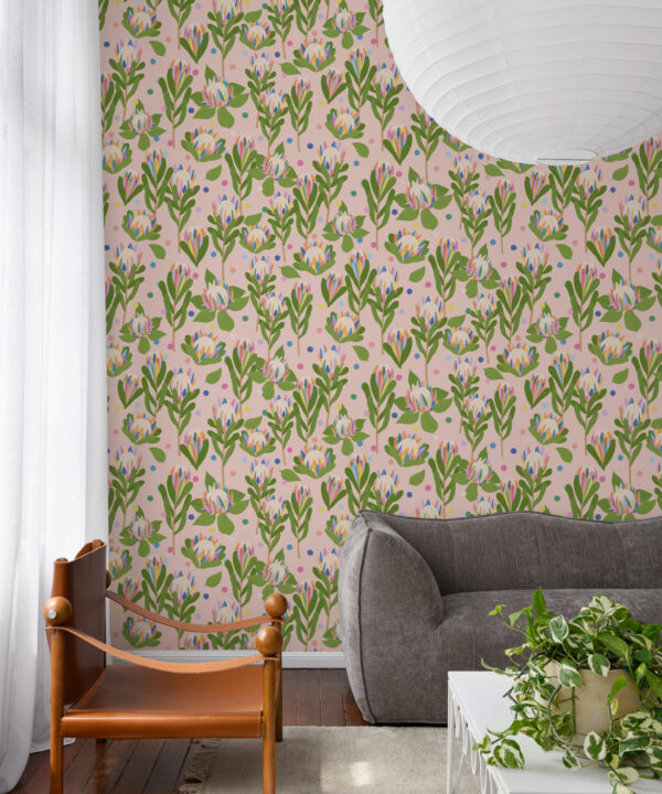 Protea Party Wallpaper • Fruity Peach • Insitu