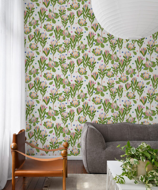 Protea Party Wallpaper • Fruity White • Insitu