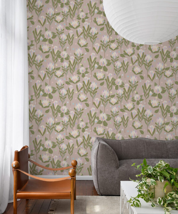 Protea Party Wallpaper • Pastel Coffee • Insitu