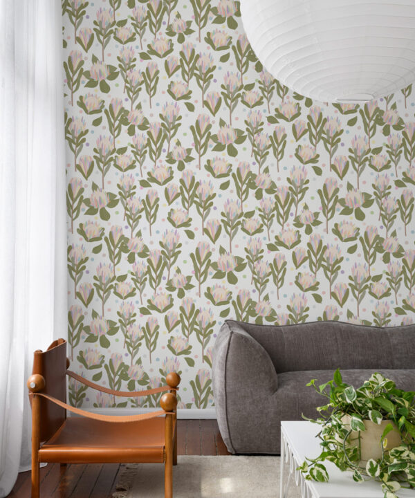 Protea Party Wallpaper • Pastel White • Insitu