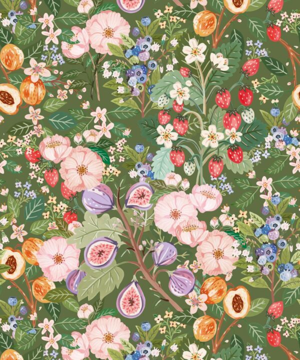 Summer Fruit Wallpaper • Olive Green • Swatch