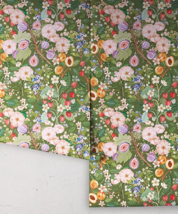 Summer Fruit Wallpaper • Olive Green • Rolls