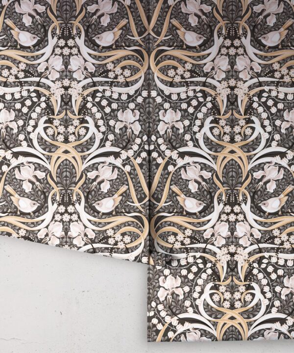 Bellbirds & Iris Wallpaper • Black Marble • Rolls