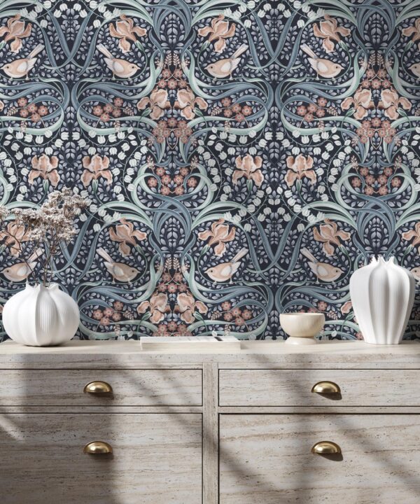 Bellbirds & Iris Wallpaper • Blue Hydrangea • Insitu