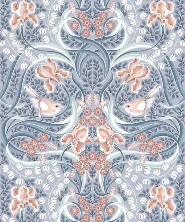 Bellbirds & Iris Wallpaper • Dusty Blue • Swatch