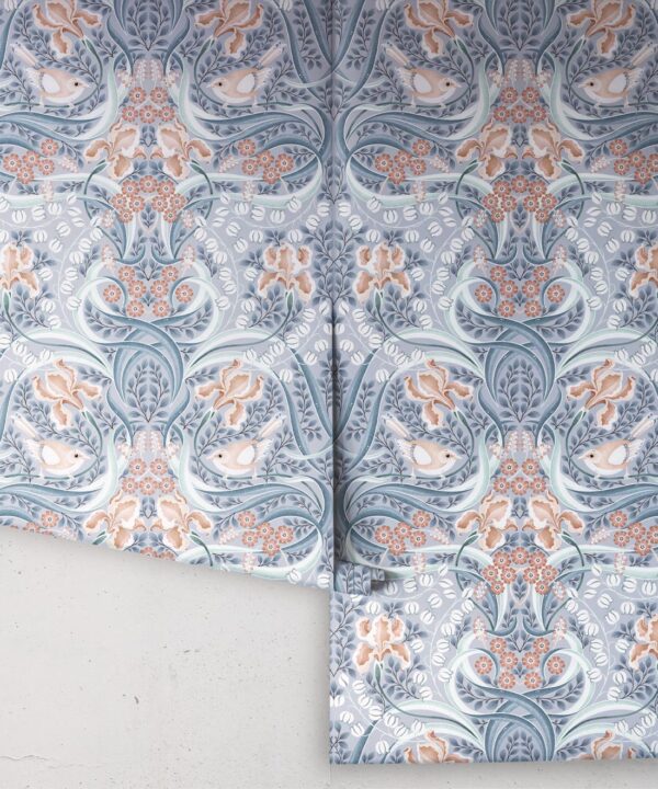 Bellbirds & Iris Wallpaper • Dusty Blue • Rolls