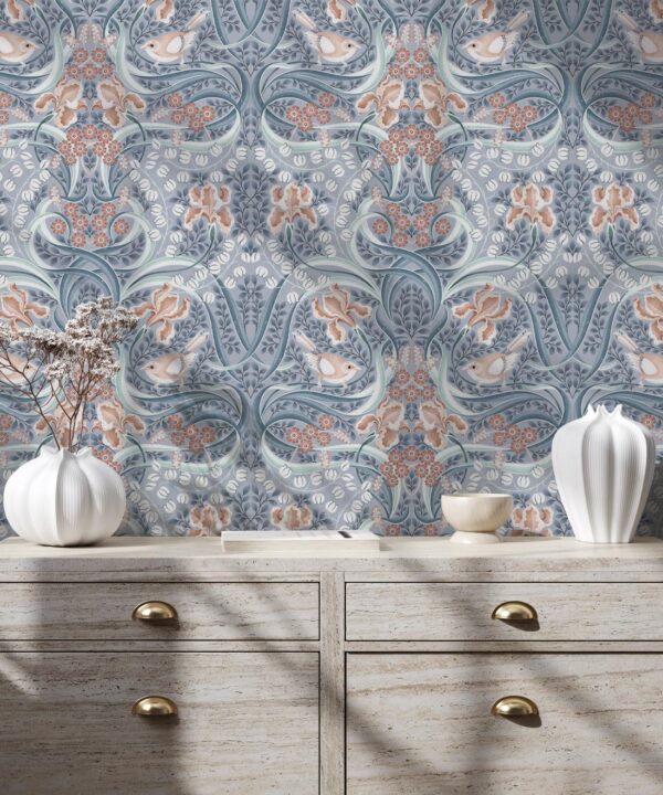 Bellbirds & Iris Wallpaper • Dusty Blue • Insitu