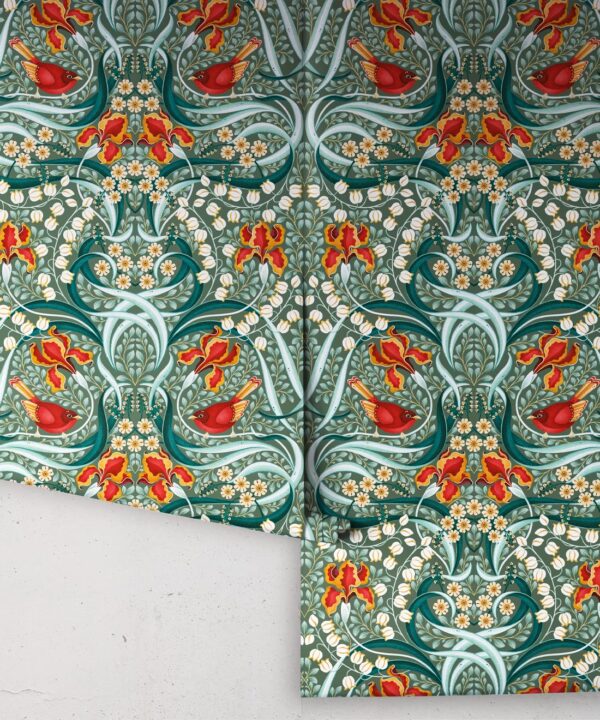 Bellbirds & Iris Wallpaper • Emerald • Rolls