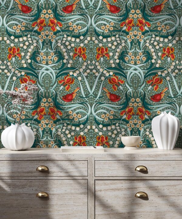 Bellbirds & Iris Wallpaper • Emerald • Insitu