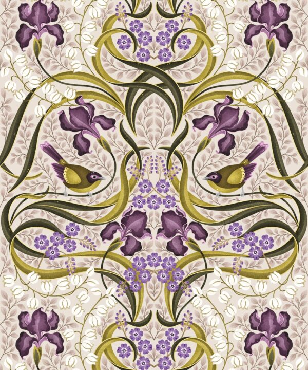 Bellbirds & Iris Wallpaper • French Lavender • Swatch