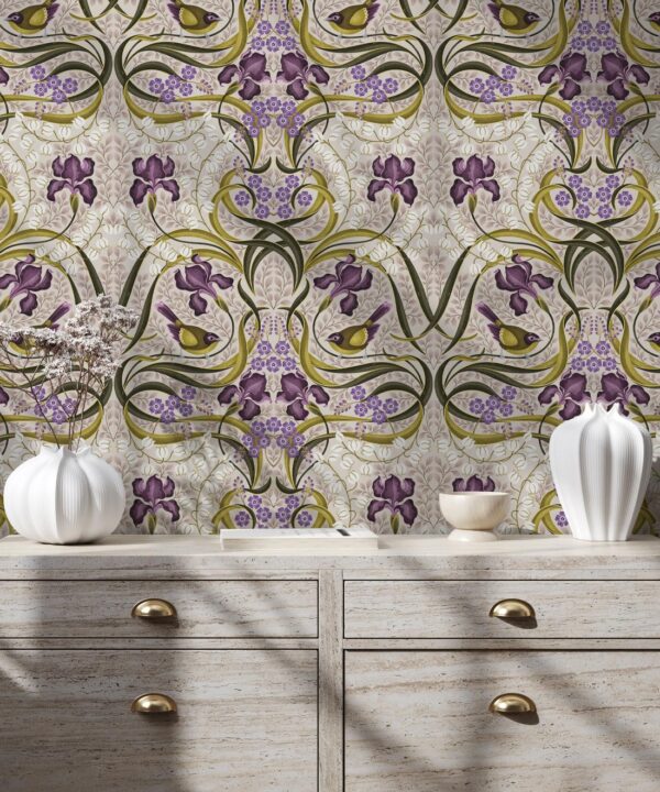 Bellbirds & Iris Wallpaper • French Lavender • Insitu