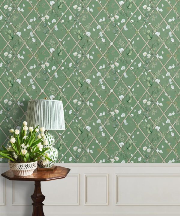 Petite Climbing Sweet Pea Wallpaper • Dark Green & Cane • Insitu