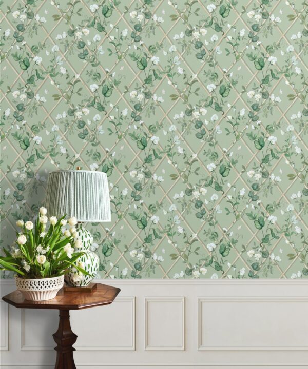 Petite Climbing Sweet Pea Wallpaper • Sage & Cane • Insitu