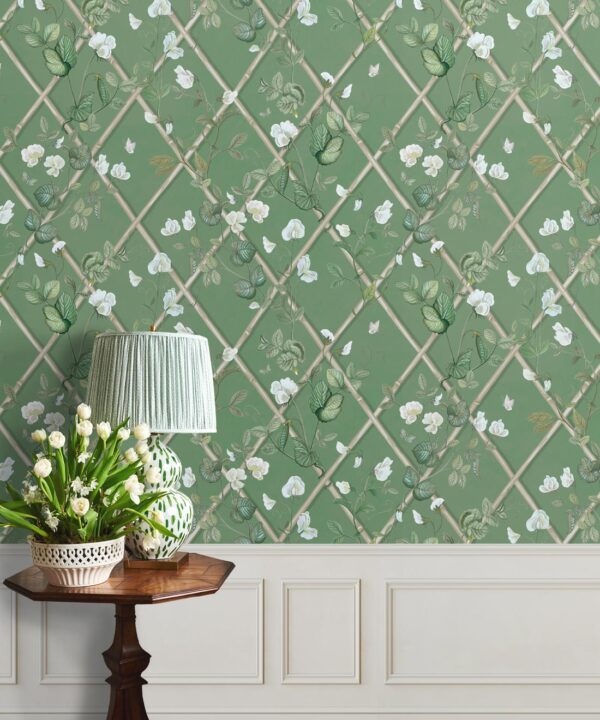 Grande Climbing Sweet Pea Wallpaper • Dark Green & Cane • Insitu