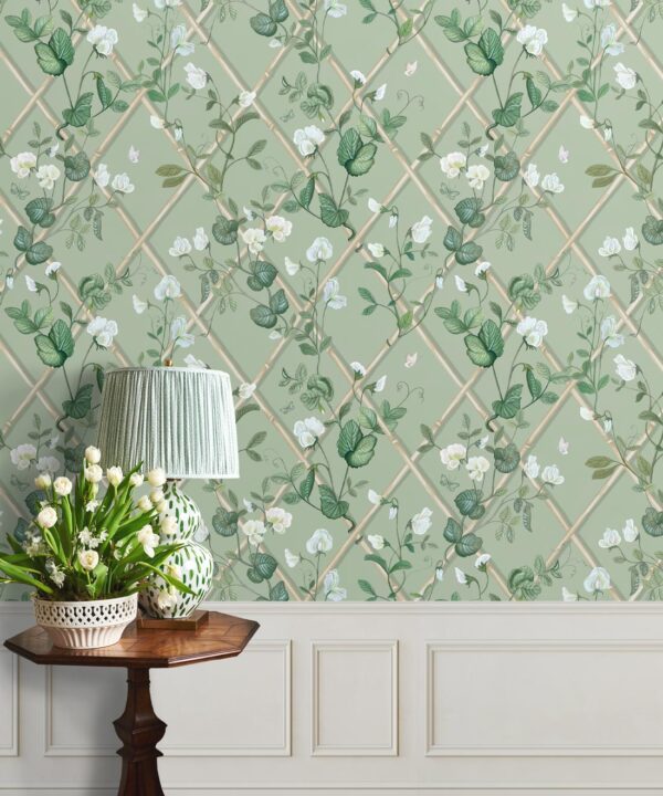 Grande Climbing Sweet Pea Wallpaper • Sage & Cane • Insitu