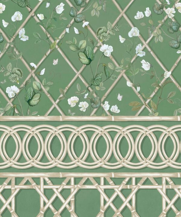 Climbing Sweet Pea Frieze Mural • Dark Green & Cane • Swatch