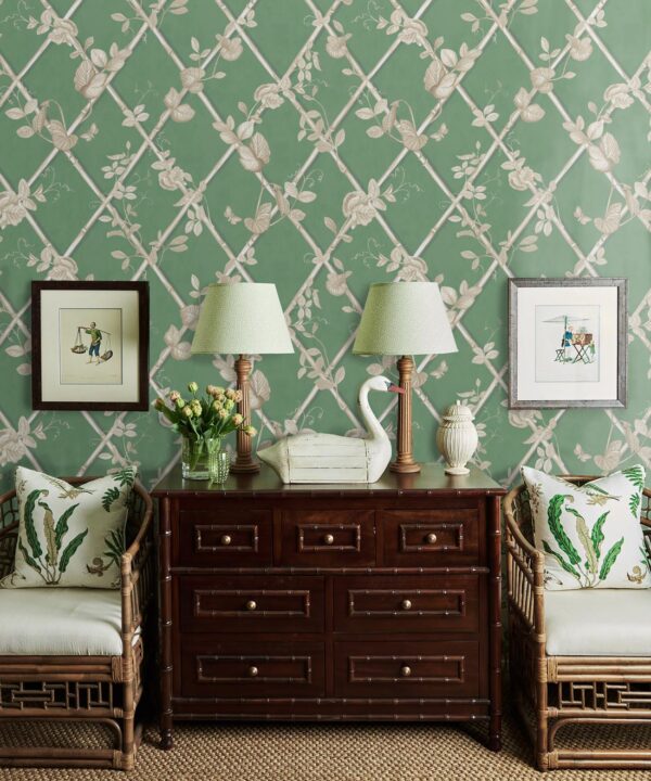 Grande Ivy Wallpaper • Dark Green & Cane • Insitu