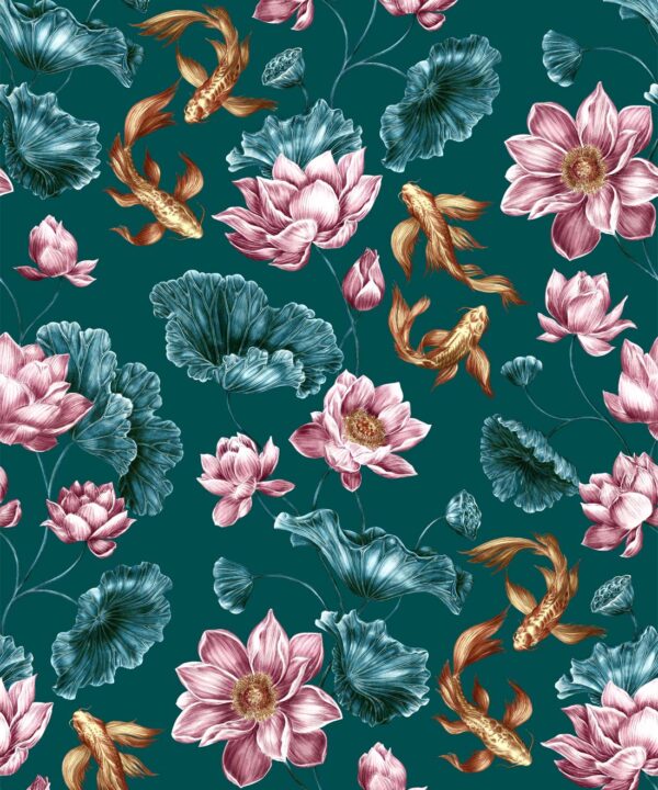 Golden Koi Wallpaper • Teal • Swatch