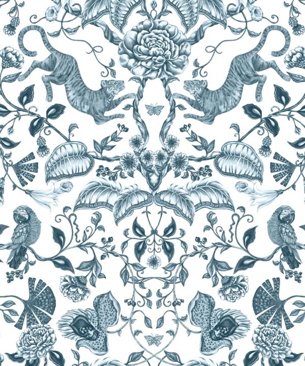 Playful Tiger Wallpaper • Silver Blue • Swatch