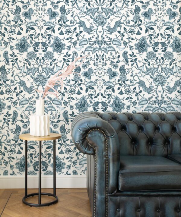 Playful Tiger Wallpaper • Silver Blue • Insitu