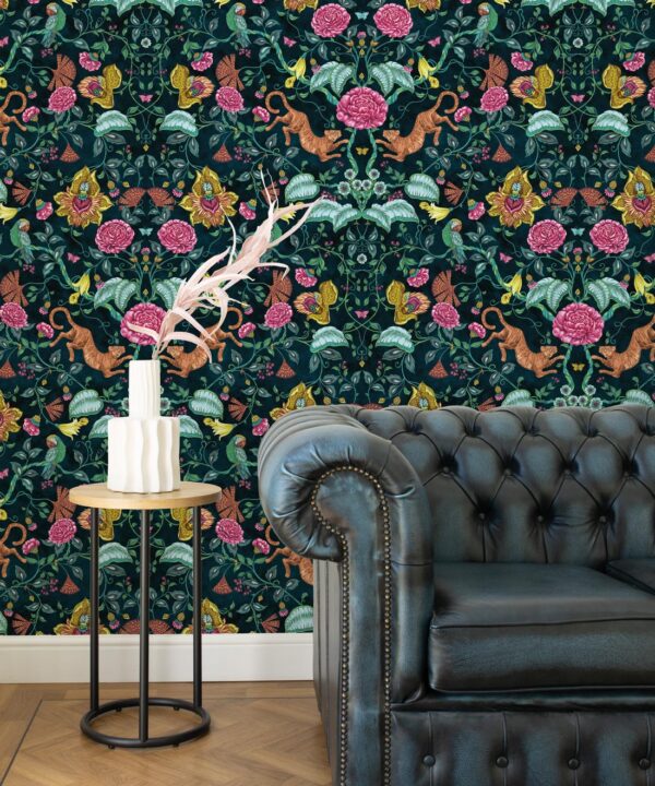 Playful Tiger Wallpaper • Teal • Insitu