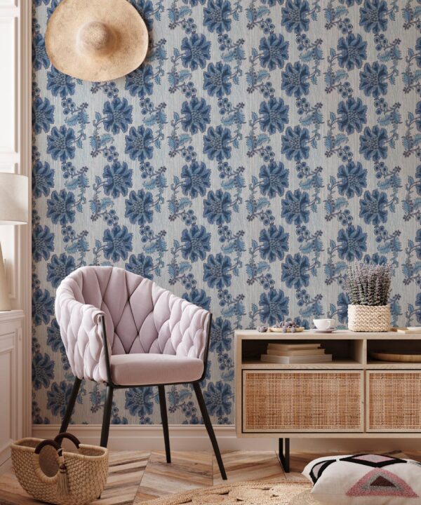 French Floral Wallpaper • Indigo Ivory Stripe • Insitu