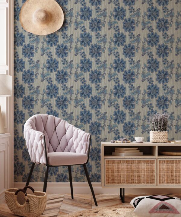 French Floral Wallpaper • Indigo Natural Stripe • Insitu