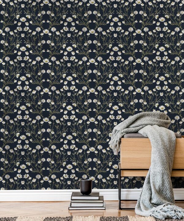 Wallpaper Republic - Floral Emporium Collection - Daisy Damask - Navy - Insitu