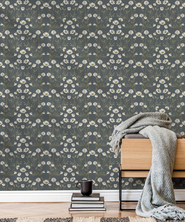 Wallpaper Republic - Floral Emporium Collection - Daisy Damask - Slate Grey - Insitu