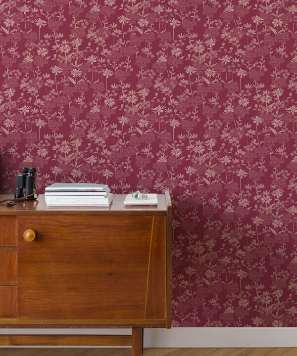 In The Bloom Collection - Wallpaper Republic - London Street Flowers Wallpaper - Colorway: Burgundy - Insitu