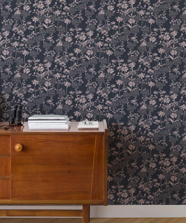 In The Bloom Collection - Wallpaper Republic - London Street Flowers Wallpaper - Colorway: Deep Blue - Insitu