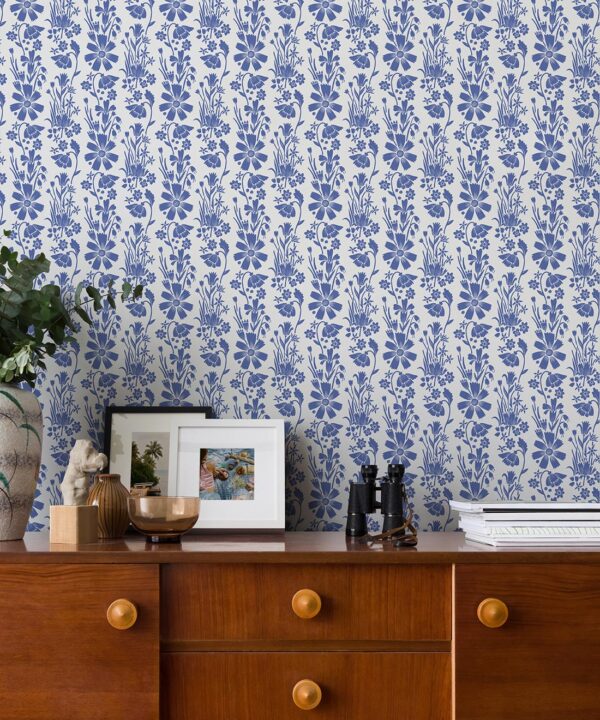 In The Bloom Collection - Wallpaper Republic - Corsage Wallpaper - Colorway: Cornflower Blue - Insitu