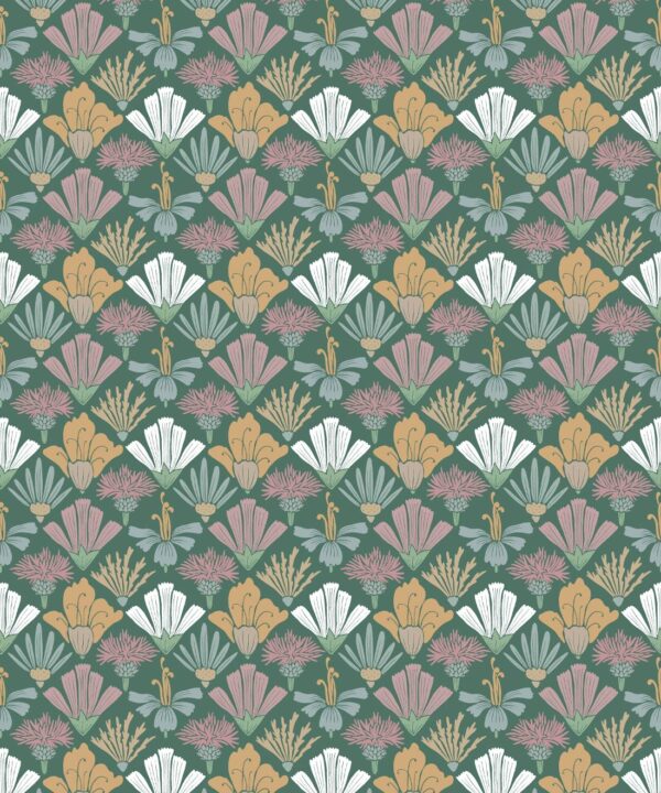 In The Bloom Collection - Wallpaper Republic - Fanned Flowers Wallpaper - Colorway: Forest Green - Swatch