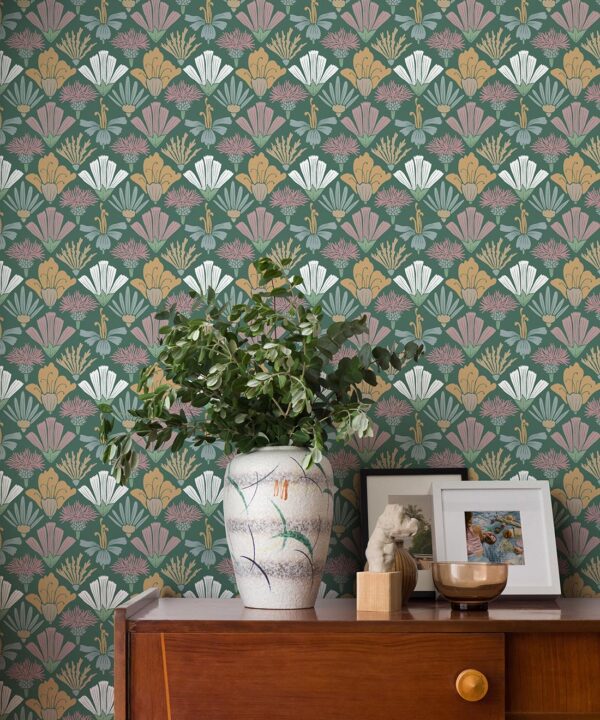 In The Bloom Collection - Wallpaper Republic - Fanned Flowers Wallpaper - Colorway: Forest Green - Insitu